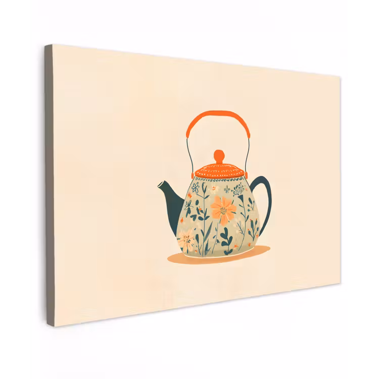 Oranje - Theepot - Bloemen - Bladeren Tuinposter op houten frame 2 cm dik klein -3d