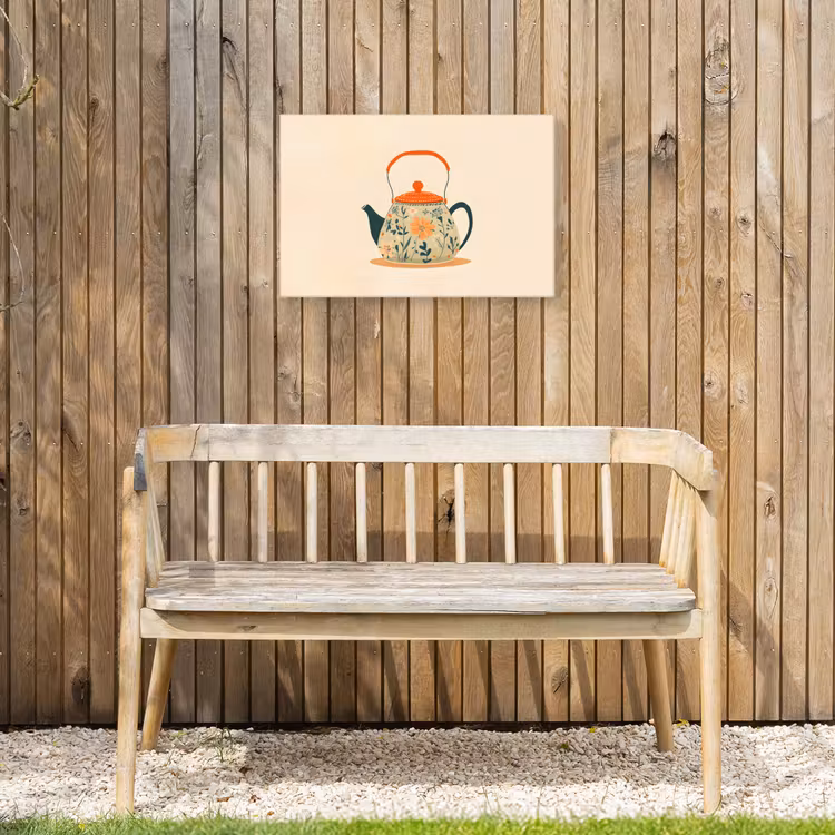 Oranje - Theepot - Bloemen - Bladeren Tuinposter op houten frame 2 cm dik klein -sfeer4