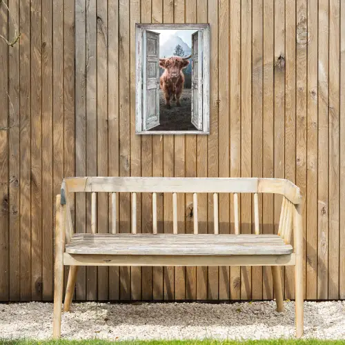 Oude deuren naar Schotse Hooglander Tuinposter op houten frame 2 cm dik klein -sfeer4