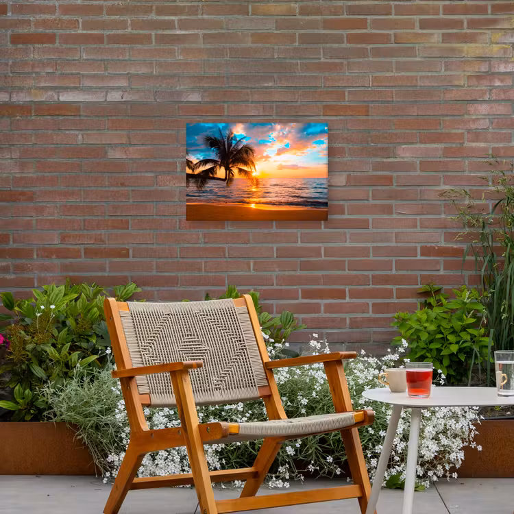 Palm - Zonsondergang - Horizon - Strand - Zee - Tropisch Tuinposter op houten frame 2 cm dik klein -sfeer3