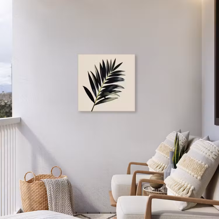 Palmblad - Subtiel - Groen - beige Tuinposter op houten frame 2 cm dik middel -sfeer1
