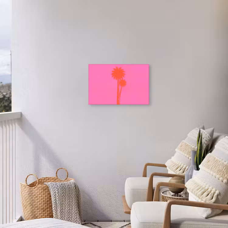 Palmbomen - Modern - Roze Tuinposter op houten frame 2 cm dik klein -sfeer1
