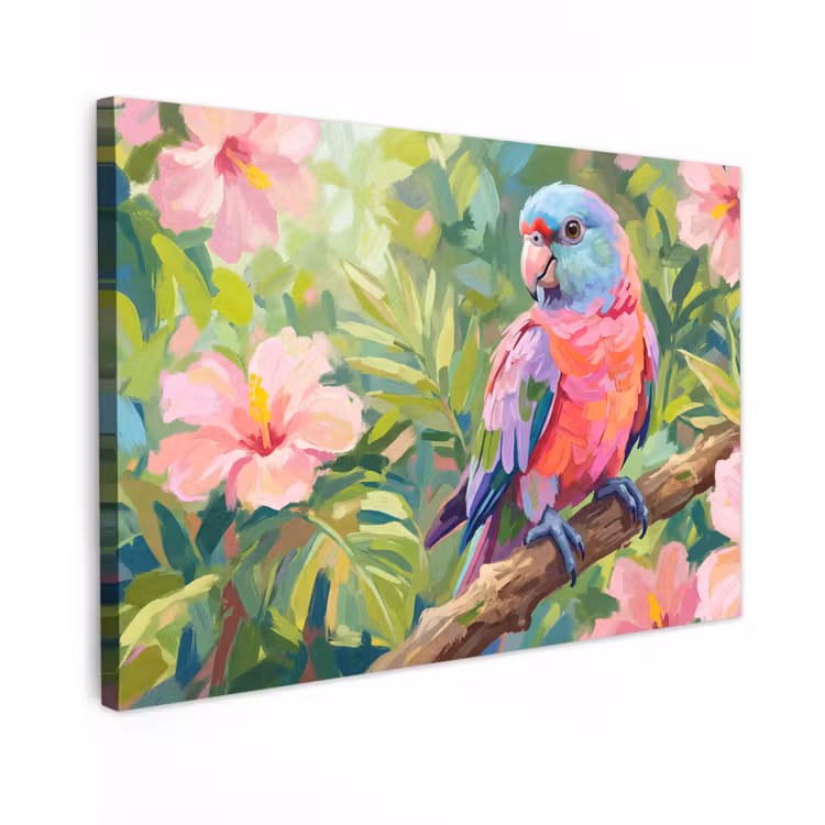 Papagaai - Hibiscusbloemen - Kleurrijk Tuinposter op houten frame 2 cm dik klein -3d