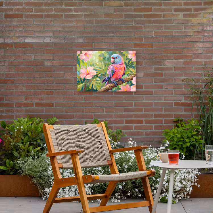 Papagaai - Hibiscusbloemen - Kleurrijk Tuinposter op houten frame 2 cm dik klein -sfeer3