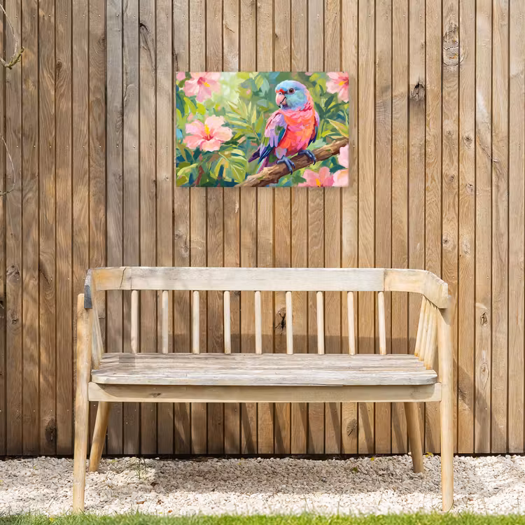 Papagaai - Hibiscusbloemen - Kleurrijk Tuinposter op houten frame 2 cm dik klein -sfeer4