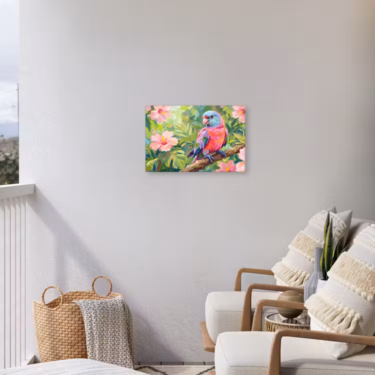 Papagaai - Hibiscusbloemen - Kleurrijk Tuinposter op houten frame 2 cm dik klein -sfeer1