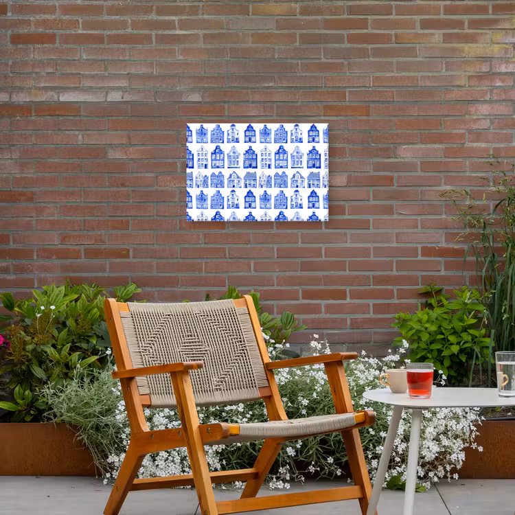 Patroon - Huizen - Blauw Tuinposter op houten frame 2 cm dik klein 845 -sfeer3