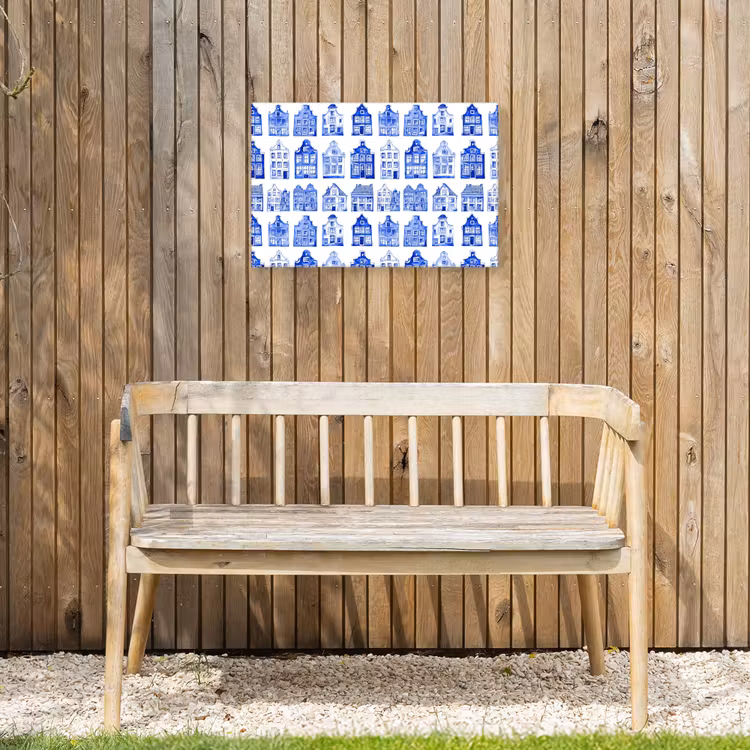 Patroon - Huizen - Blauw Tuinposter op houten frame 2 cm dik klein 845 -sfeer4