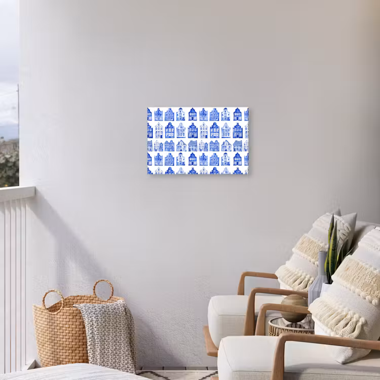 Patroon - Huizen - Blauw Tuinposter op houten frame 2 cm dik klein 845 -sfeer1