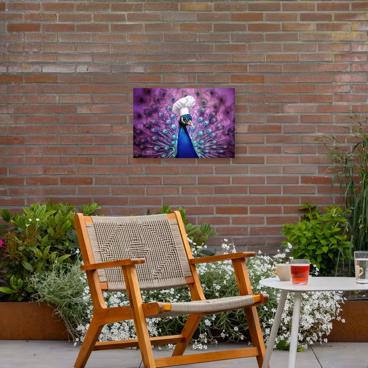 Pauw - Koksmuts - Cool - Paars Tuinposter op houten frame 2 cm dik klein -sfeer3