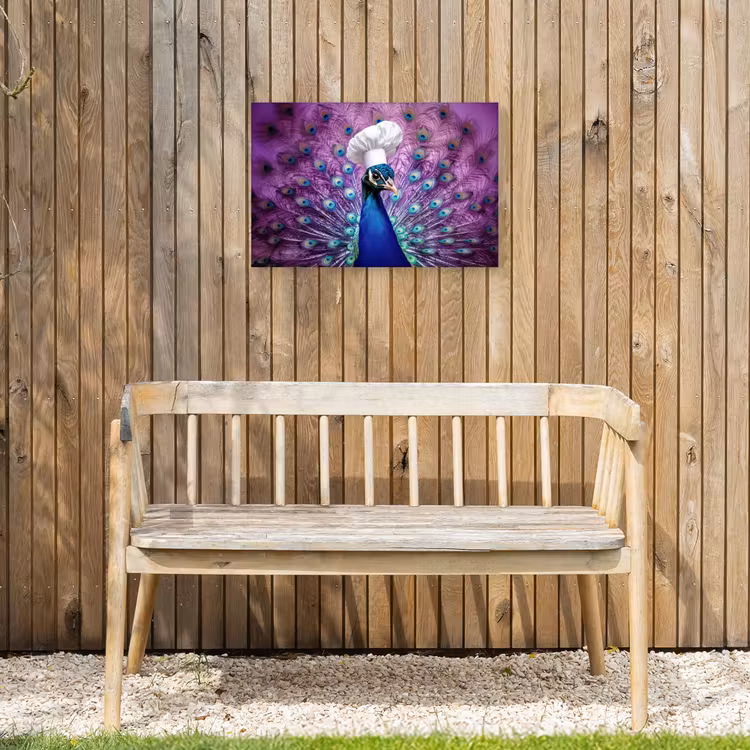 Pauw - Koksmuts - Cool - Paars Tuinposter op houten frame 2 cm dik klein -sfeer4