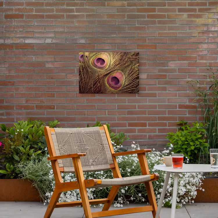 Pauw - Veren - Paars - Groen Tuinposter op houten frame 2 cm dik klein -sfeer3