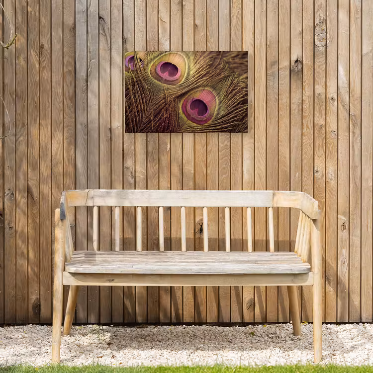 Pauw - Veren - Paars - Groen Tuinposter op houten frame 2 cm dik klein -sfeer4