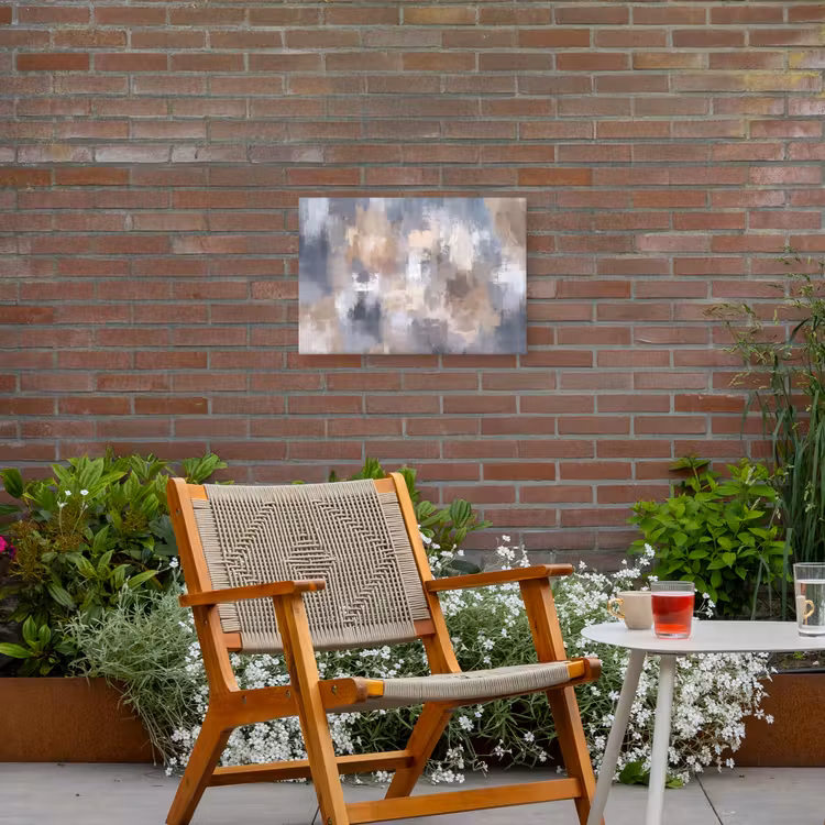 Penseelstreken - Schilderij - Beige Tuinposter op houten frame 2 cm dik klein -sfeer3