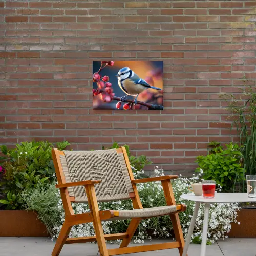Pimpelmees bij Bloesems Tuinposter op houten frame 2 cm dik klein -sfeer3