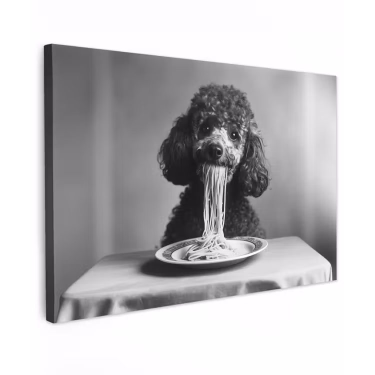 Poedel - Hond - Zwart - Wit - Schattig - Pasta Tuinposter op houten frame 2 cm dik klein -3d