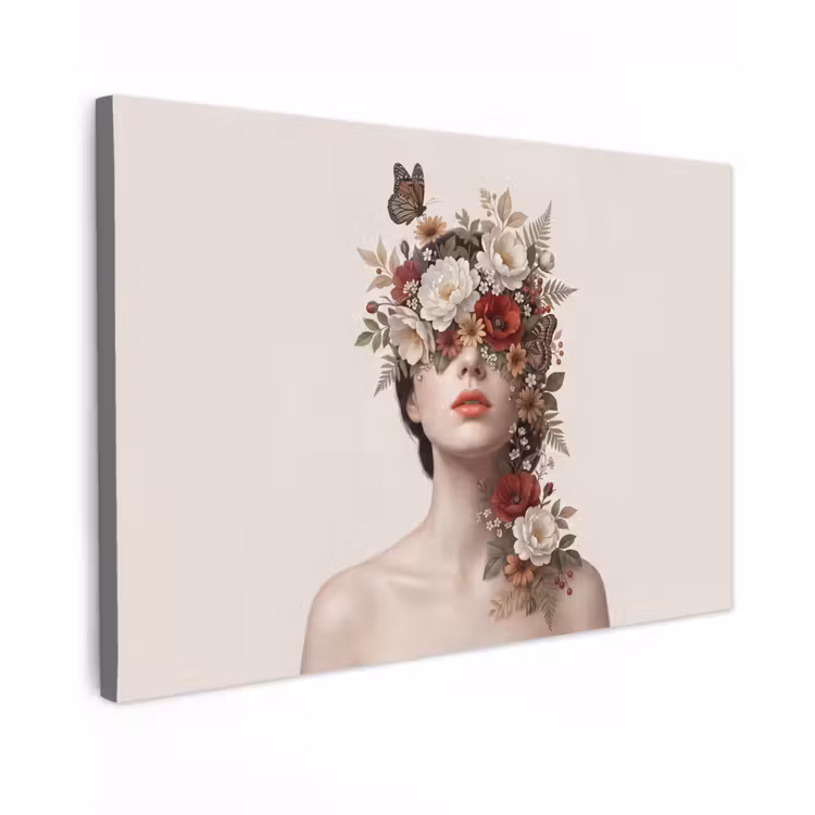 Portret - Bloemen - Cremé Tuinposter op houten frame 2 cm dik klein -3d