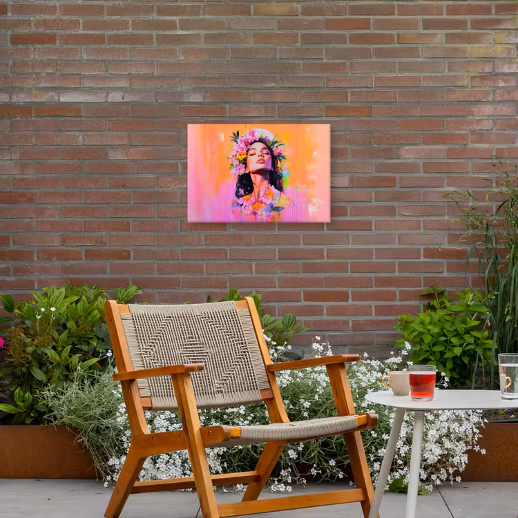 Portret - Bloemenkroon - Vrouw Tuinposter op houten frame 2 cm dik klein -sfeer3