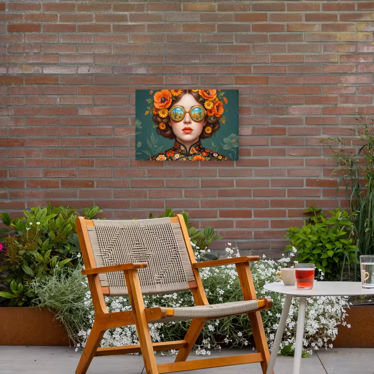 Portret - Vrouw - Kleurrijk - Expressief Tuinposter op houten frame 2 cm dik klein -sfeer3