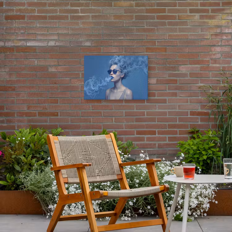 Portret - Zonnebril - Rook - Abstract - Blauw Tuinposter op houten frame 2 cm dik klein -sfeer3