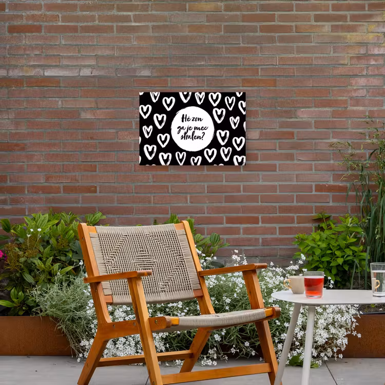 Quotes - Hé zon, ga je mee stralen? - Tekst - Zon - Zomer Tuinposter op houten frame 2 cm dik klein -sfeer3