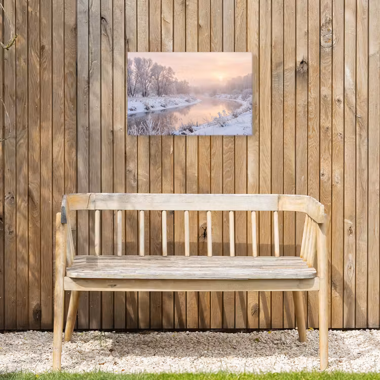 Rivier - Winter - Landschap - Sneeuw - Zonsopgang Tuinposter op houten frame 2 cm dik klein -sfeer4