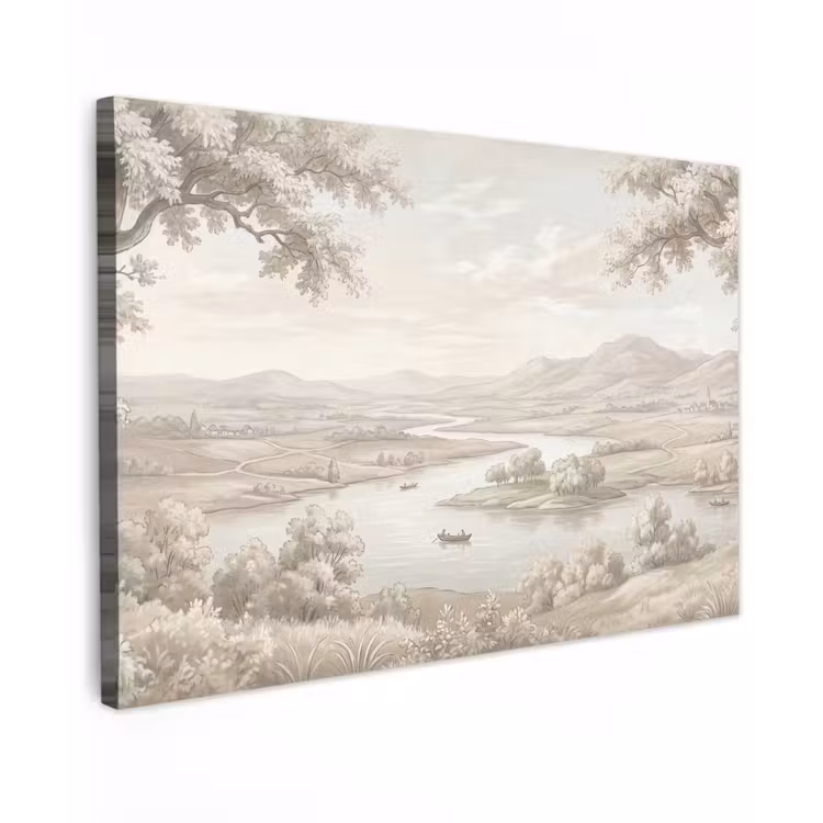 Rivierlandschap - Bergen - Natuur - Vintage - Beige Tuinposter op houten frame 2 cm dik klein -3d