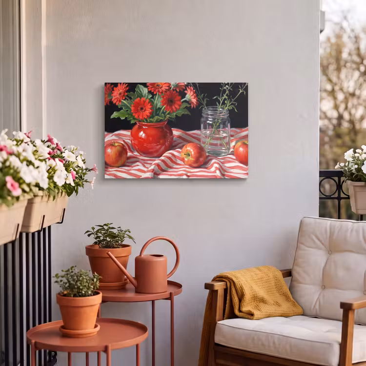 Buiten canvas - Rode bloemen - Vaas - Rode bloemen - Vaas Tuinposter op houten frame 2 cm dik klein
