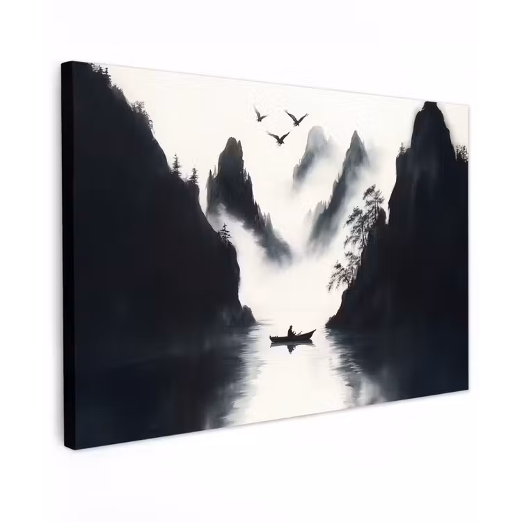 Roeiboot - Mistig - Bergen - Vogels Tuinposter op houten frame 2 cm dik klein -3d