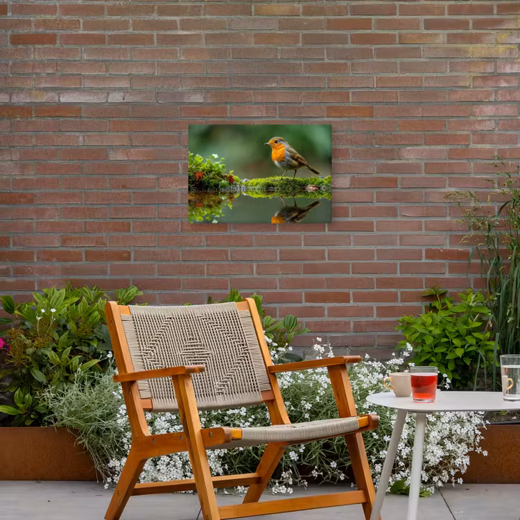 Roodborstje bij het Water Tuinposter op houten frame 2 cm dik klein -sfeer3