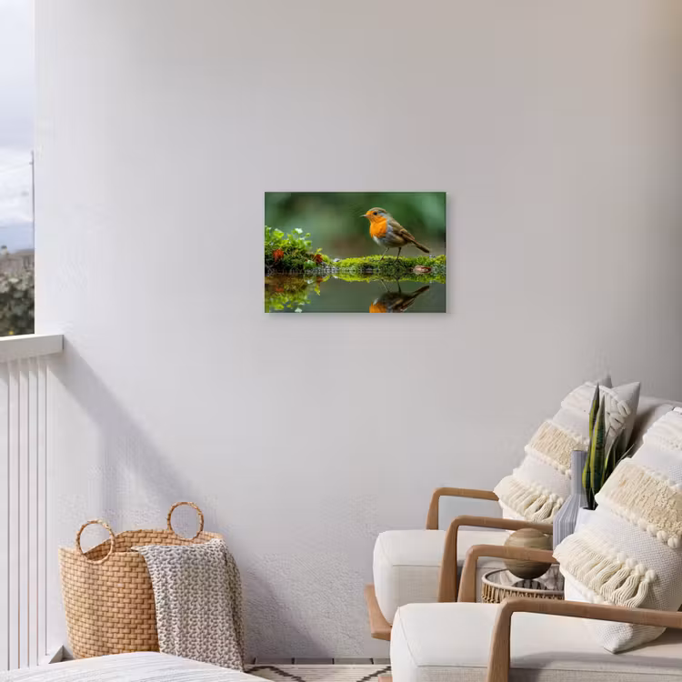 Roodborstje bij het Water Tuinposter op houten frame 2 cm dik klein -sfeer1