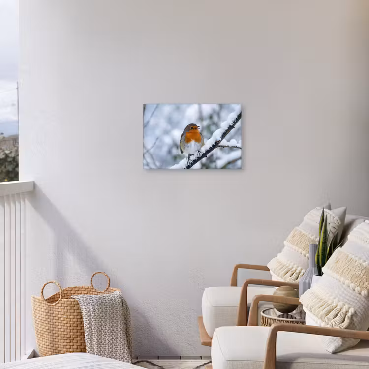 Roodborstje - Tak - Sneeuw - Winter - Levendig Tuinposter op houten frame 2 cm dik klein -sfeer1