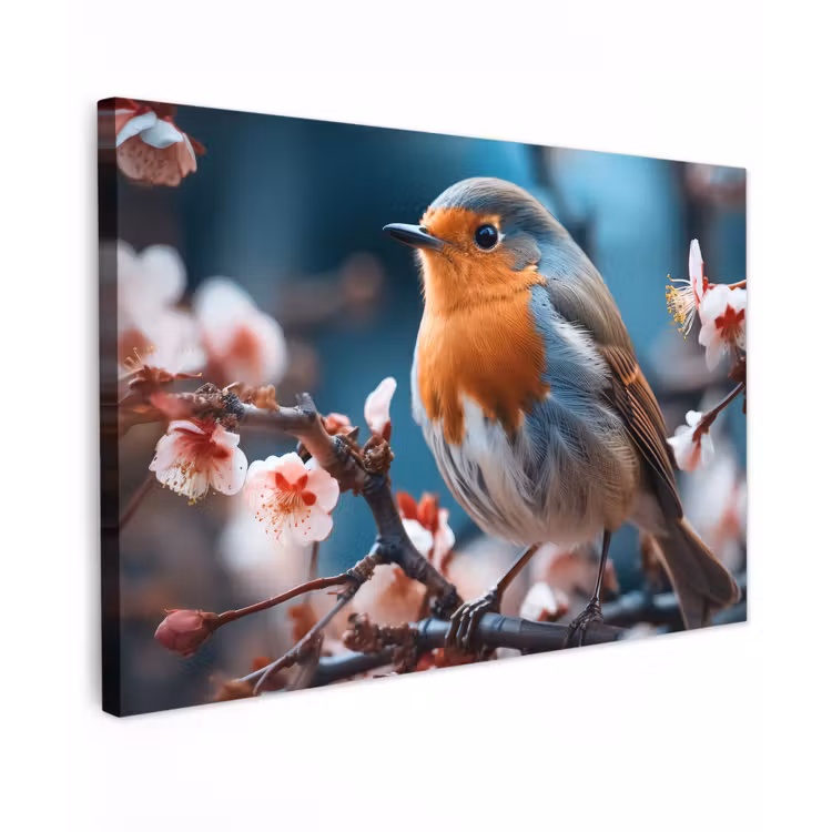 Roodborstje tussen de Bloesems Tuinposter op houten frame 2 cm dik klein -3d