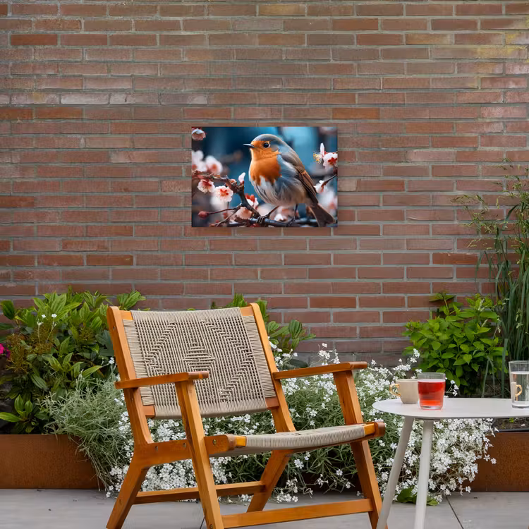 Roodborstje tussen de Bloesems Tuinposter op houten frame 2 cm dik klein -sfeer3