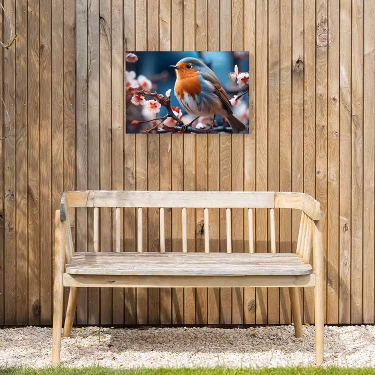 Roodborstje tussen de Bloesems Tuinposter op houten frame 2 cm dik klein -sfeer4