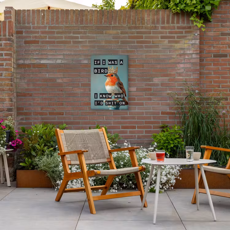 Roodborstje - Vogel - Blauw - Decoratie Tuinposter op houten frame 2 cm dik klein -sfeer3