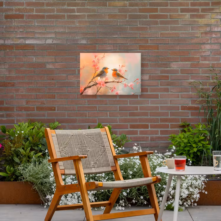 Roodborstjes - Sierlijk - Bloesemtak Tuinposter op houten frame 2 cm dik klein -sfeer3