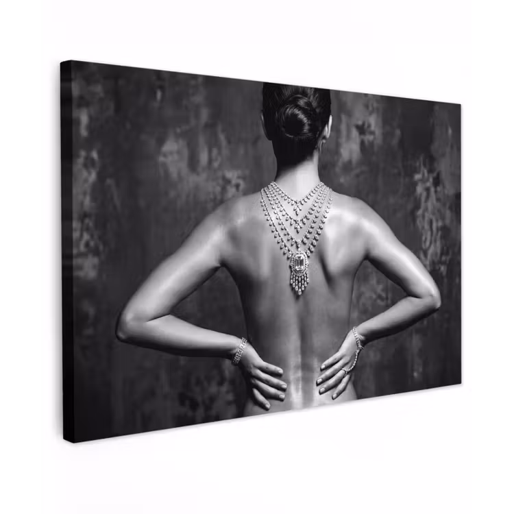 Rug - Ketting - Portret - Zwart - Wit - Glamour Tuinposter op houten frame 2 cm dik klein -3d