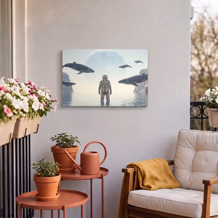 Buiten canvas - Ruimtevaarder - Walvis - Fantasie - Ruimtevaarder - Walvis - Fantasie Tuinposter op houten frame 2 cm dik klein
