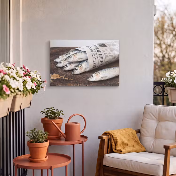 Buiten canvas - Sardientje - krant - snijplank - Sardientje - krant - snijplank Tuinposter op houten frame 2 cm dik klein