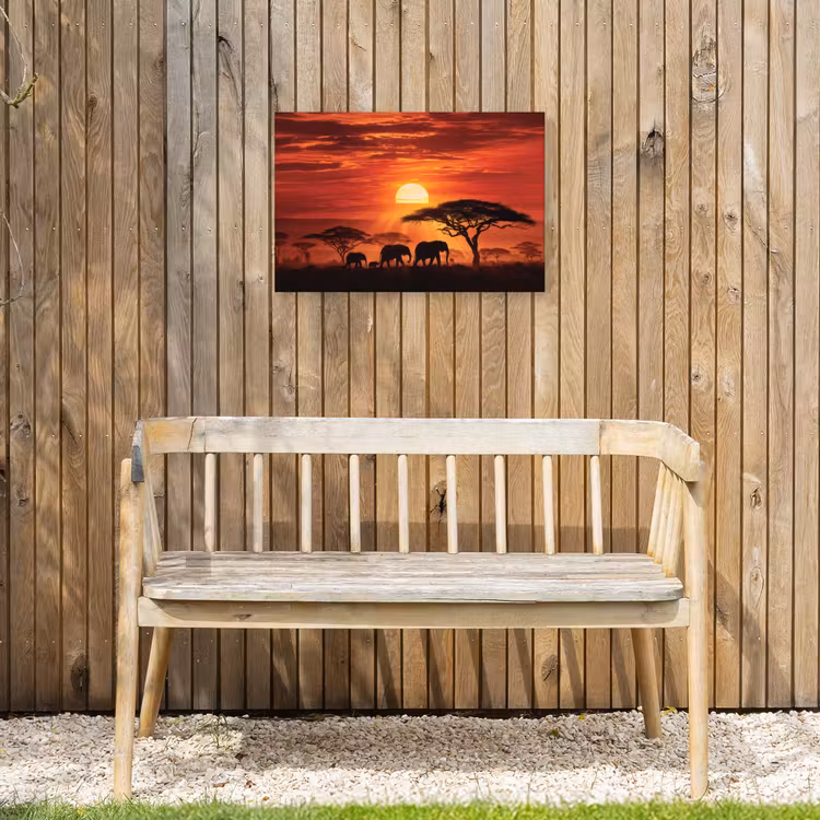 Savanne - Olifanten - Zonsondergang Tuinposter op houten frame 2 cm dik klein -sfeer4