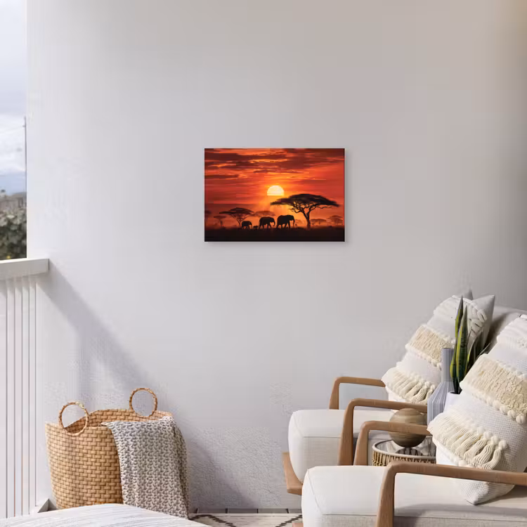 Savanne - Olifanten - Zonsondergang Tuinposter op houten frame 2 cm dik klein -sfeer1