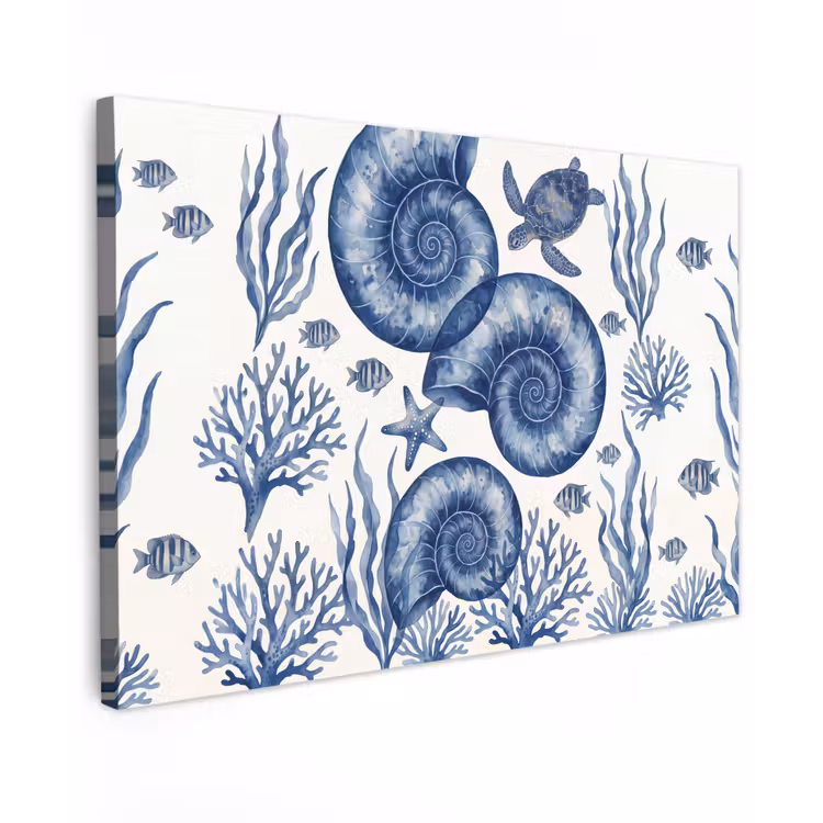 Schelp - Spiraal - Zeeleven - Aquarel - Blauw Tuinposter op houten frame 2 cm dik klein -3d