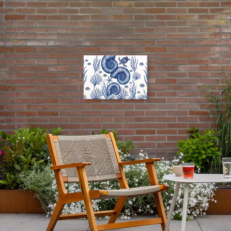 Schelp - Spiraal - Zeeleven - Aquarel - Blauw Tuinposter op houten frame 2 cm dik klein -sfeer3