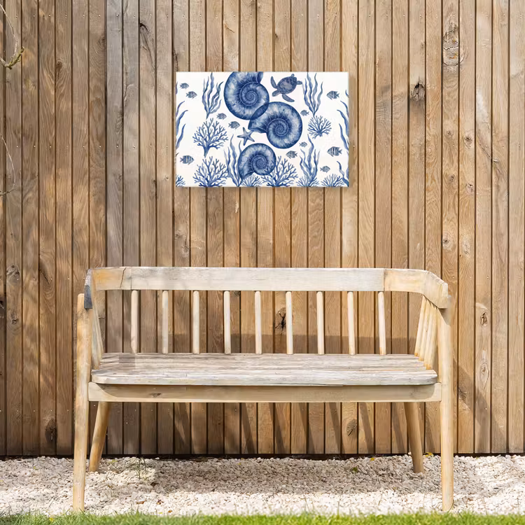Schelp - Spiraal - Zeeleven - Aquarel - Blauw Tuinposter op houten frame 2 cm dik klein -sfeer4