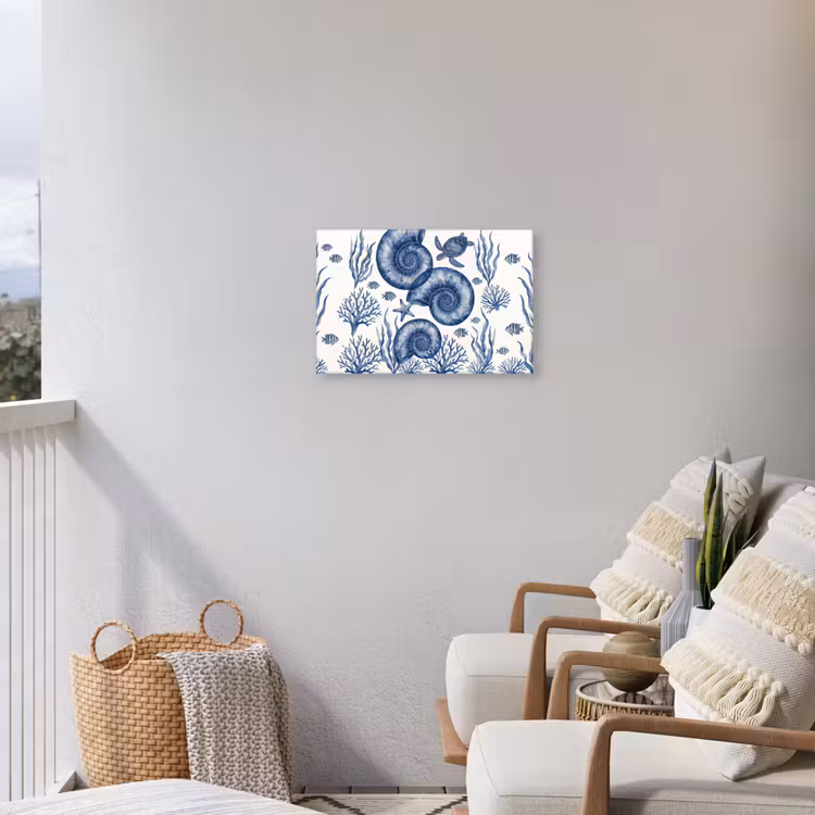 Schelp - Spiraal - Zeeleven - Aquarel - Blauw Tuinposter op houten frame 2 cm dik klein -sfeer1