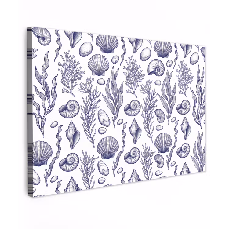 Schelpen - Zeewier - Oceaan - Illustratie - Blauw Tuinposter op houten frame 2 cm dik klein -3d
