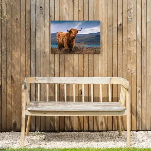 Schotse Hooglander - Berg - Water - Natuur - Koe Tuinposter op houten frame 2 cm dik klein -sfeer4