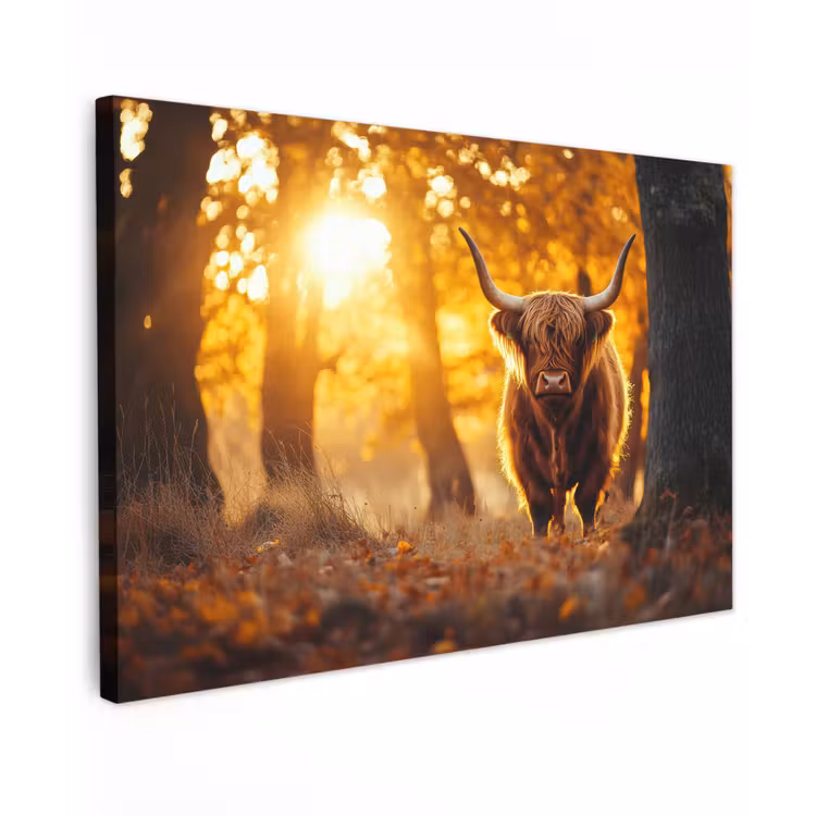 Schotse hooglander - Bos - Herfst - Dieren - Natuur - Bladeren Tuinposter op houten frame 2 cm dik klein -3d