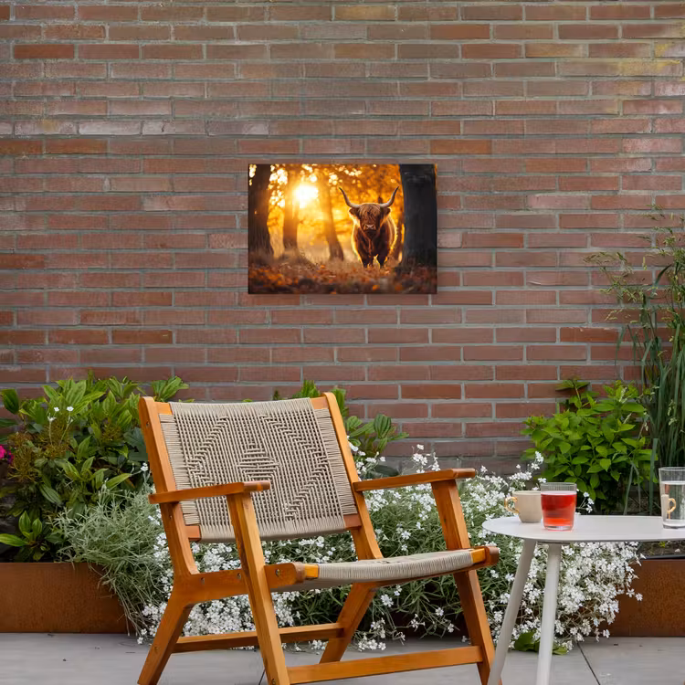 Schotse hooglander - Bos - Herfst - Dieren - Natuur - Bladeren Tuinposter op houten frame 2 cm dik klein -sfeer3